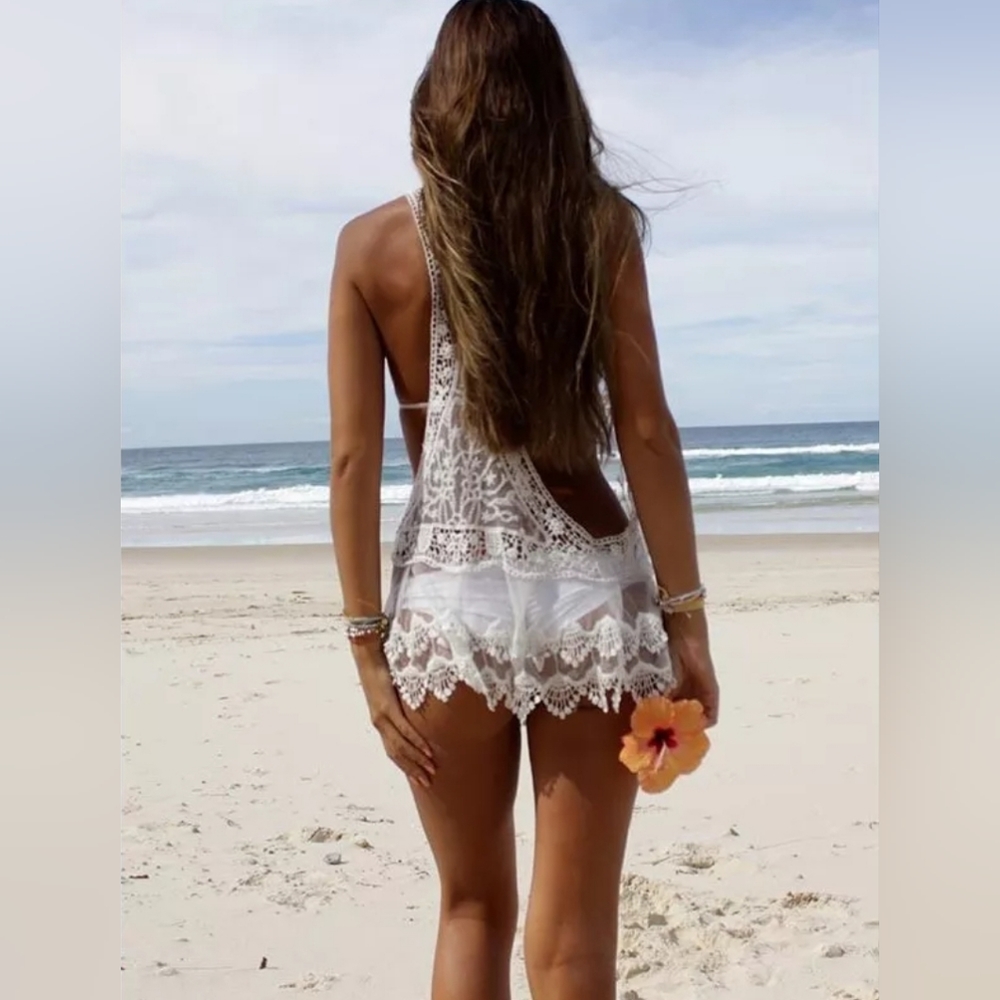 NEW Boho Crochet Sheer Lace Racerback Tank Cover Up Tunic Top White